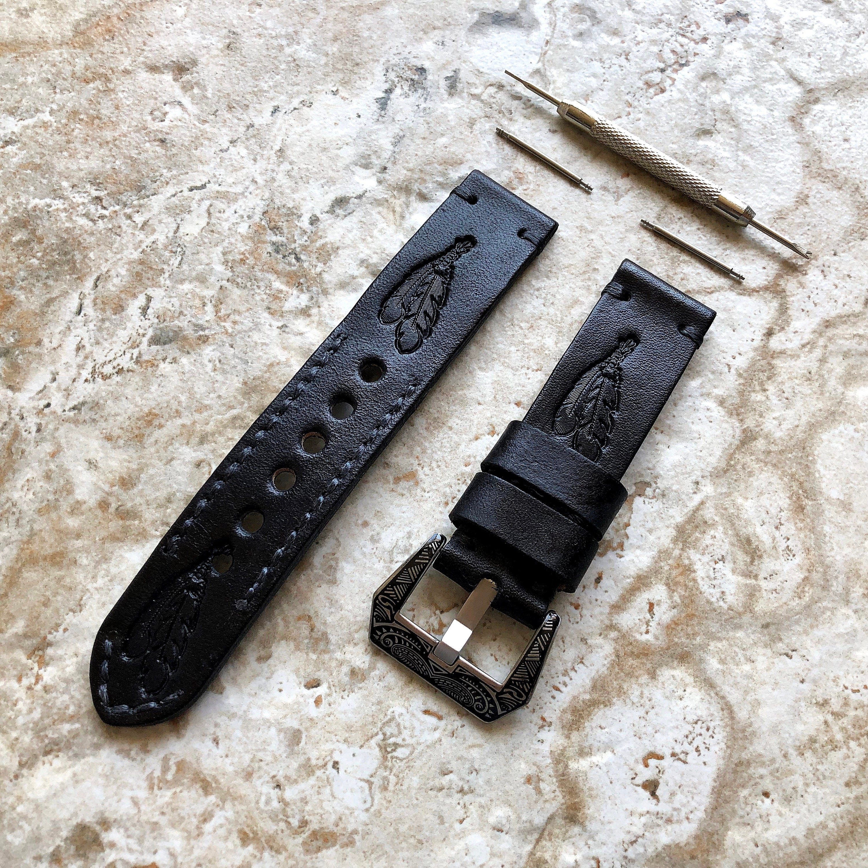 Feathers Spirit Band 22mm 24mm 25mm Compatible with Apple Watch Fitbit Versa 2 3 4 Sense 2 Ionic Tooled Embossed Leather Strap